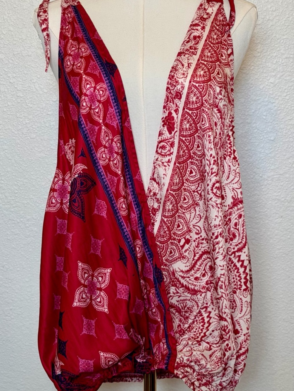 Free People Red and White Paisley Patchwork Halter Blouse